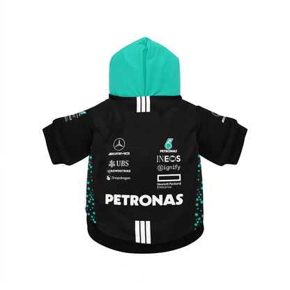 Mercedes Petronas F1 pet hoodie 2025 back view black with teal hood and team sponsor logos