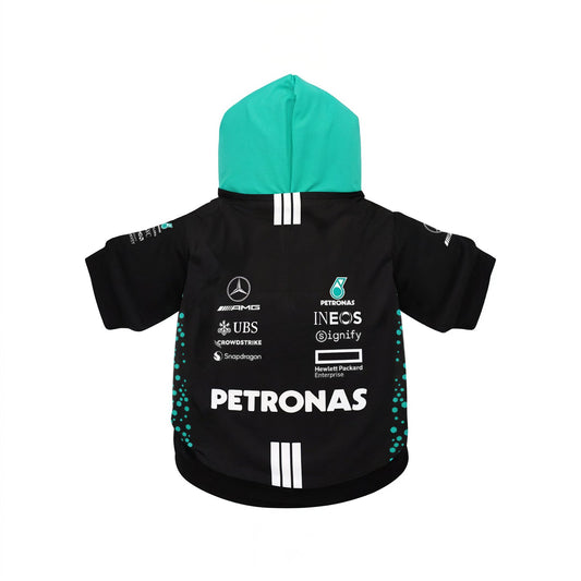 Mercedes Petronas F1 pet hoodie 2025 back view black with teal hood and team sponsor logos