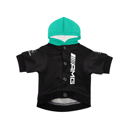 Mercedes Petronas F1 pet hoodie 2025 front view black with teal hood buttons and AMG logo
