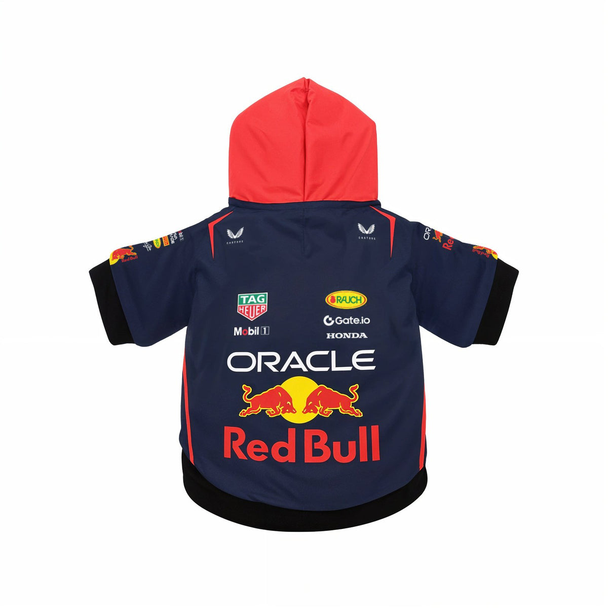 Red Bull Racing dog hoodie flat lay, back view - navy body, red hood, black cuffs and hem, full 2025 sponsor logo layout