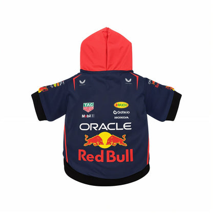 Red Bull Racing dog hoodie flat lay, back view - navy body, red hood, black cuffs and hem, full 2025 sponsor logo layout
