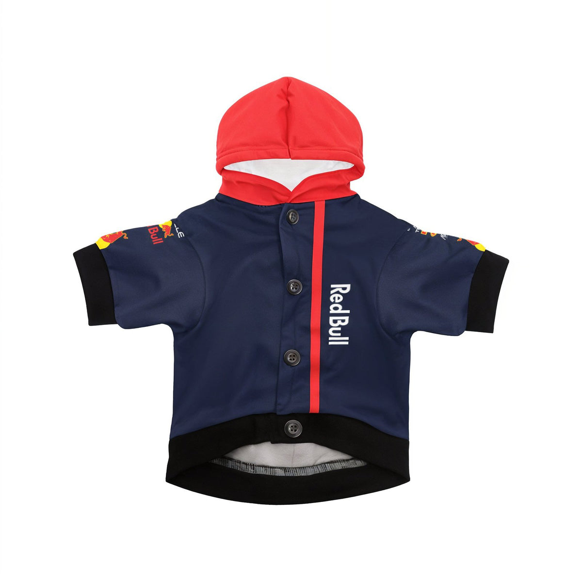 Red Bull Racing dog hoodie flat lay, front view - button placket, red centre stripe and vertical Red Bull wordmark