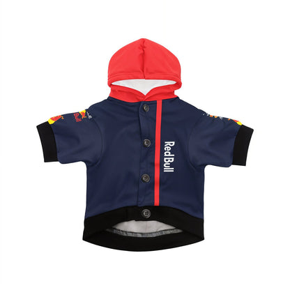 Red Bull Racing dog hoodie flat lay, front view - button placket, red centre stripe and vertical Red Bull wordmark