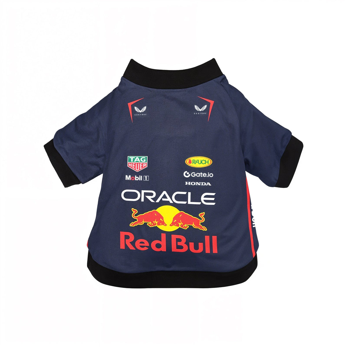 Red Bull Racing pet shirt back view flat lay navy dog jersey with Oracle Red Bull and sponsor logos