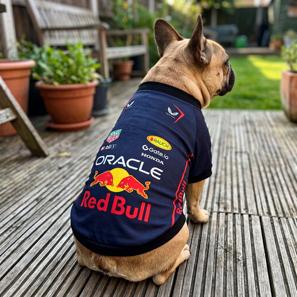 French bulldog outdoors on decking wearing Red Bull Racing pet shirt navy F1 dog jersey with sponsor back print