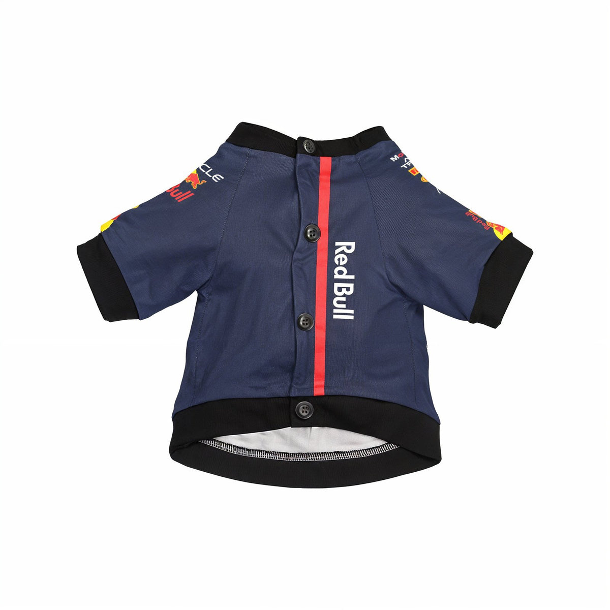 Red Bull pet shirt front view button placket with red racing stripe and vertical Red Bull wordmark navy dog jersey