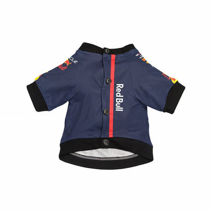 Red Bull pet shirt front view button placket with red racing stripe and vertical Red Bull wordmark navy dog jersey