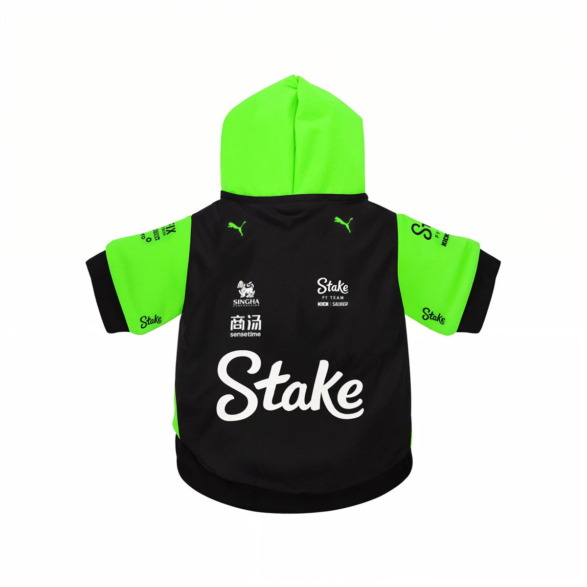 Stake 2025 pet hoodie back view black green with Stake logo Puma and Kick Sauber F1 team branding