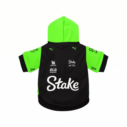 Stake 2025 pet hoodie back view black green with Stake logo Puma and Kick Sauber F1 team branding