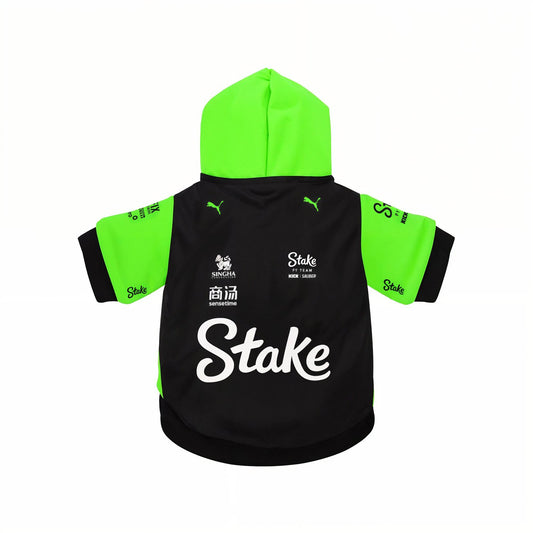 Stake 2025 pet hoodie back view black green with Stake logo Puma and Kick Sauber F1 team branding