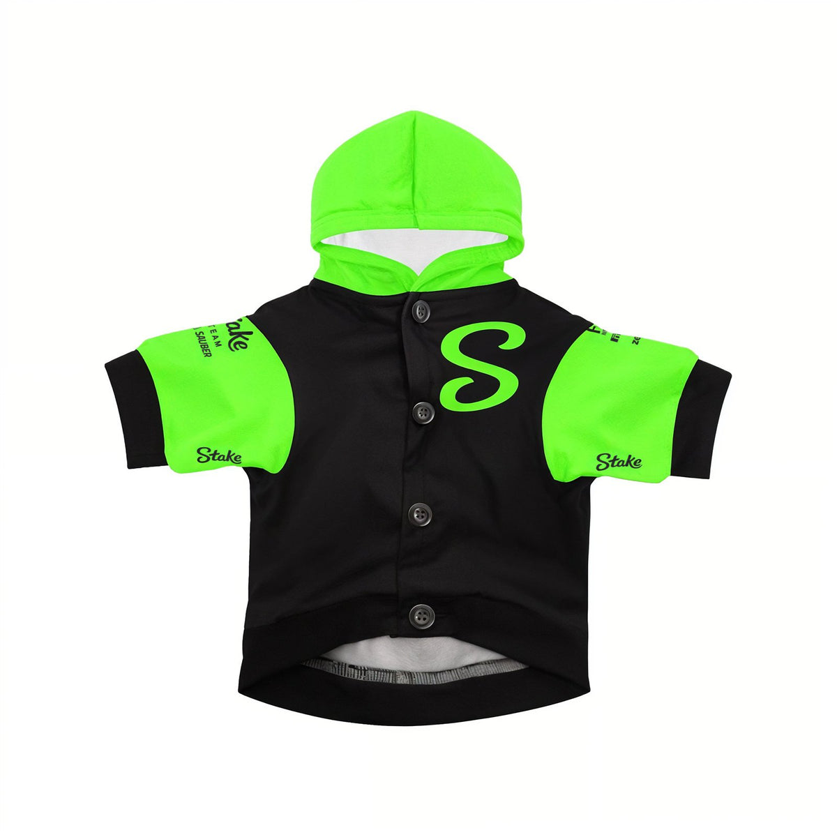 Stake 2025 pet hoodie front view black green button up with S emblem and Stake sleeve branding