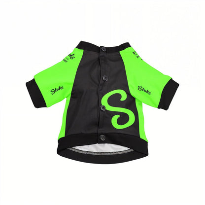 Stake F1 2025 pet shirt front view with button placket green S logo and green sleeves