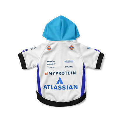 Williams Racing 2025 pet hoodie back view blue hood white body with Atlassian and sponsor logos