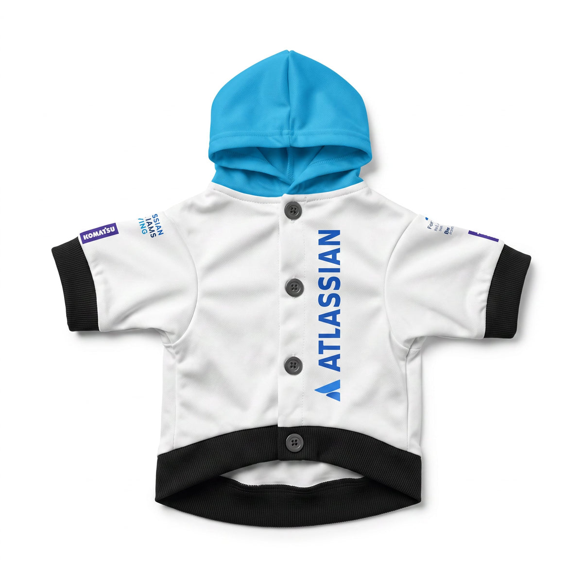 Williams Racing 2025 pet hoodie front view with button placket vertical Atlassian logo and blue hood